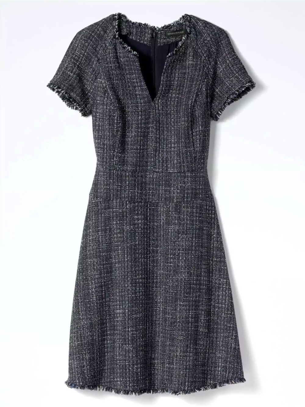 Banana Republic Navy Tweed Frayed V-Neck Sheath Dress 4